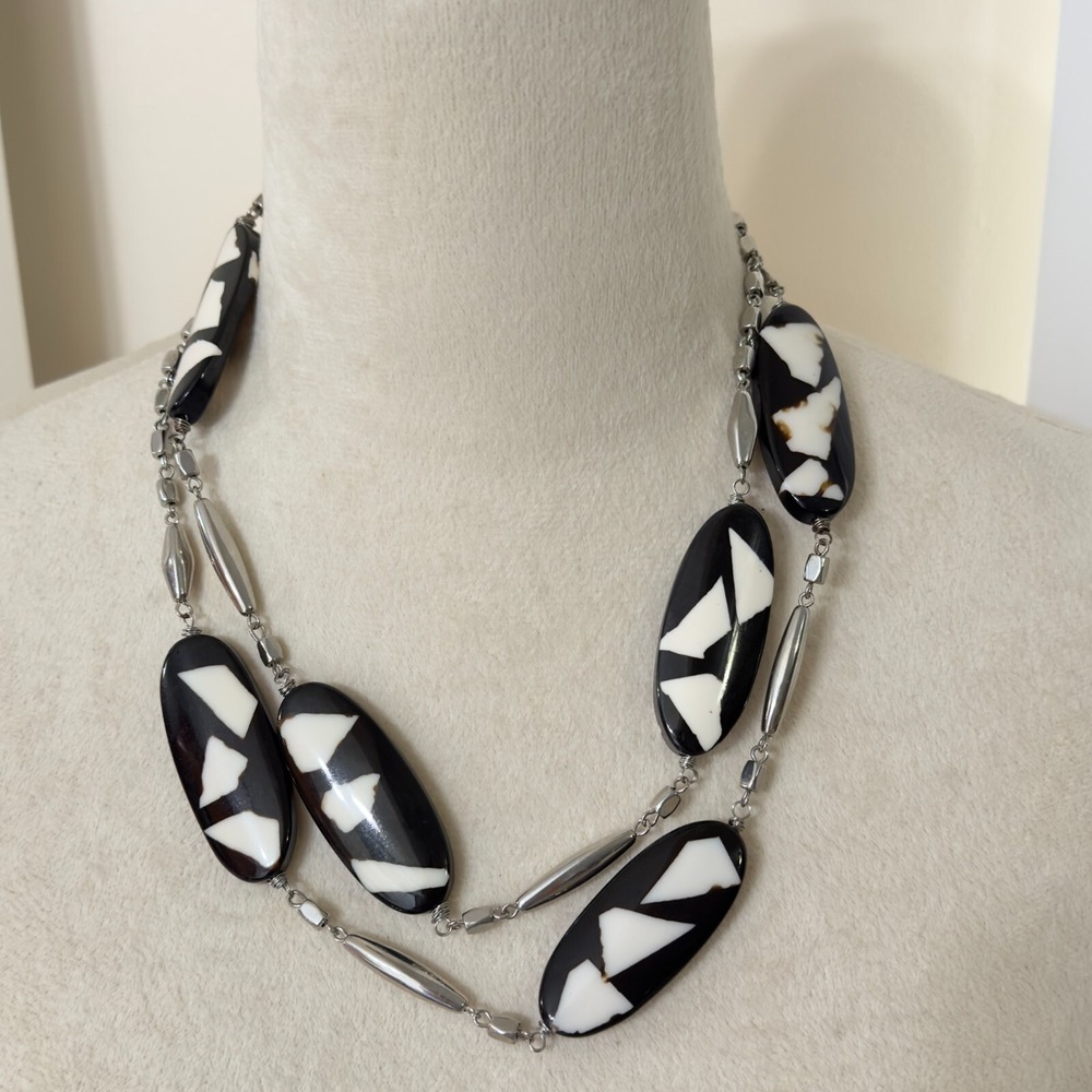 Chicos Boho Tribal Chunky Statement Necklace White Black 42" Zebra Animal Silver